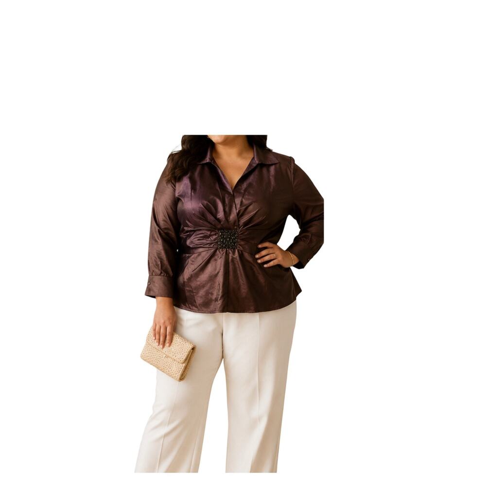 Larry Levine Top Womens Size XL Brown Beaded Waist Peplum Vintage Deadstock 90s
